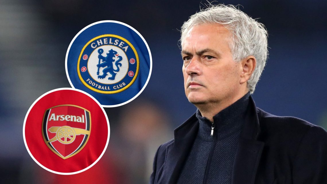 Jose Mourinho looks on during a Roma match. Inset, Arsenal and Chelsea badges.
