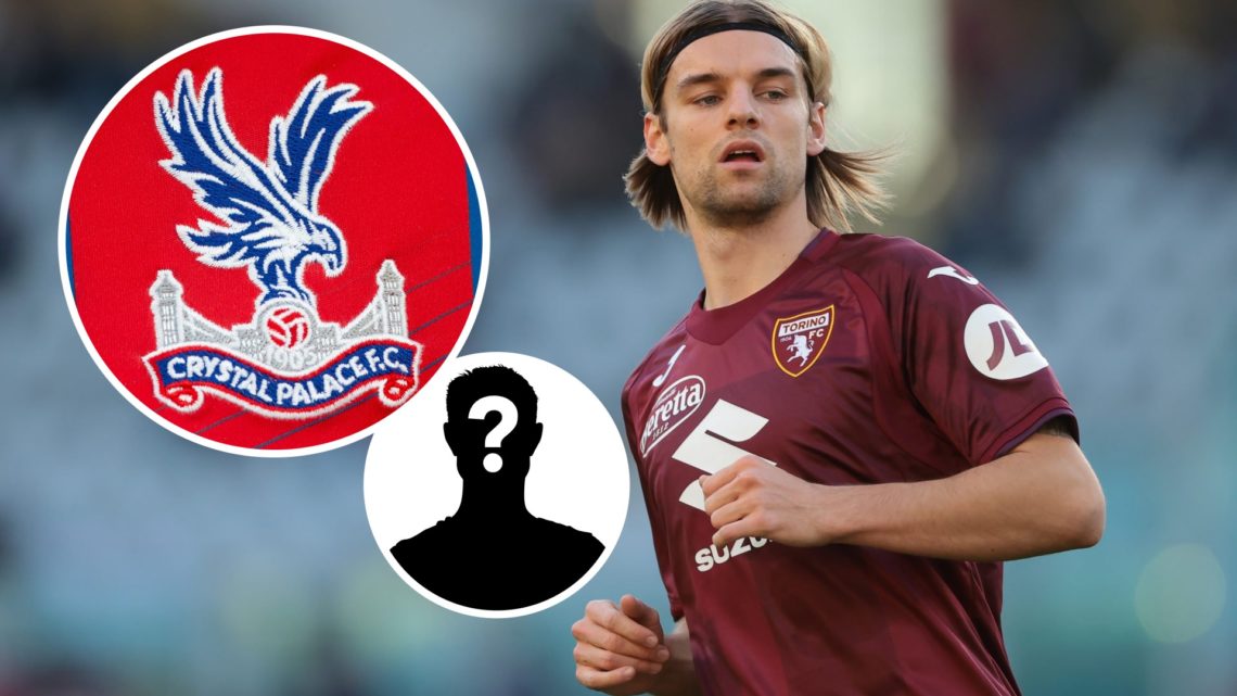 Borna Sosa playing for Torino, Crystal Palace badge and mystery figure inset