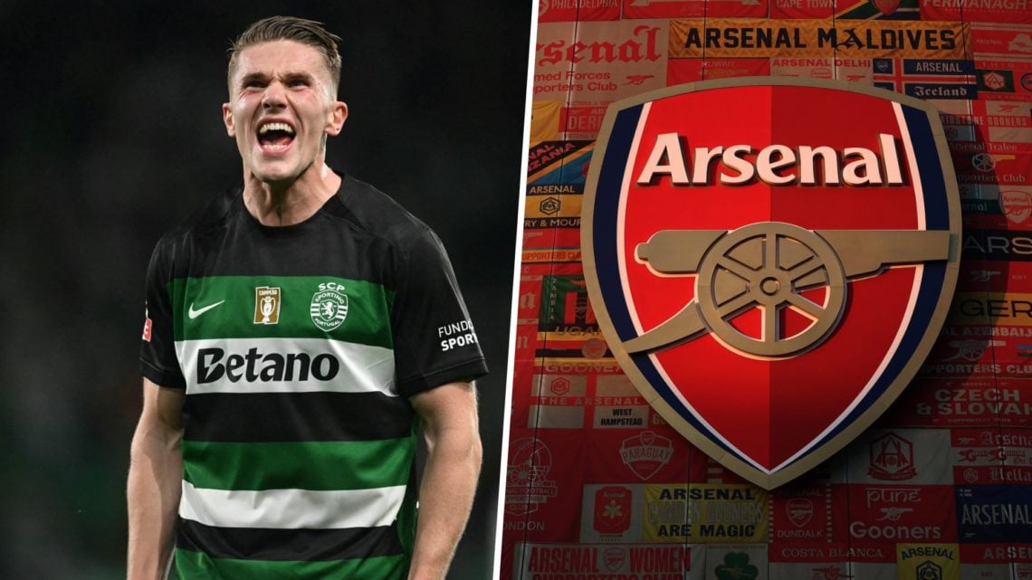 Split image of Viktor Gyokeres and Arsenal badge