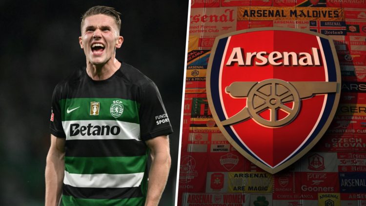 Split image of Viktor Gyokeres and Arsenal badge