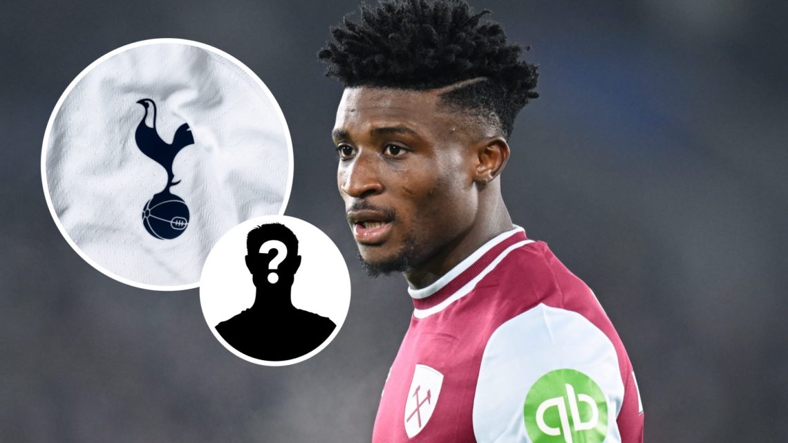 Mohammed Kudus during the Premier League clash between Leicester and West Ham, Tottenham badge and mystery figure inset