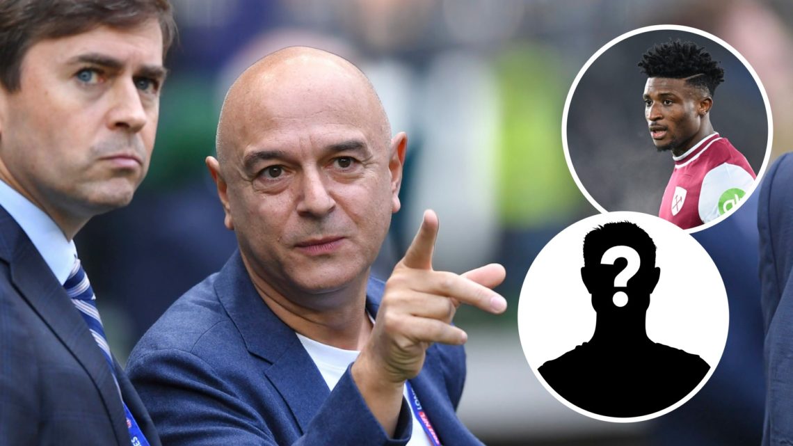 Tottenham Hotspur chairman Daniel Levy ahead of Premier League match. Inset of West Ham's Mohammed Kudus and a mystery player.