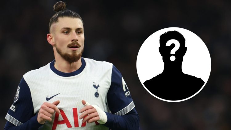 Radu Dragusin looks on during a Tottenham match. Inset, question mark.