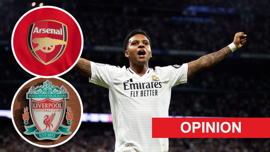 Image of Rodrygo with overlay of Liverpool badge and Arsenal badge