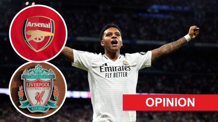 Image of Rodrygo with overlay of Liverpool badge and Arsenal badge