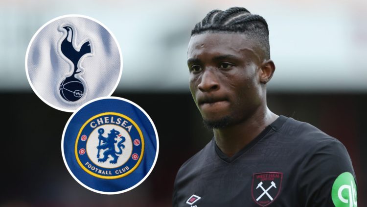 West Ham United attacker Mohammed Kudus during a Premier League match. Inset of Tottenham Hotspur badge and Chelsea badge.