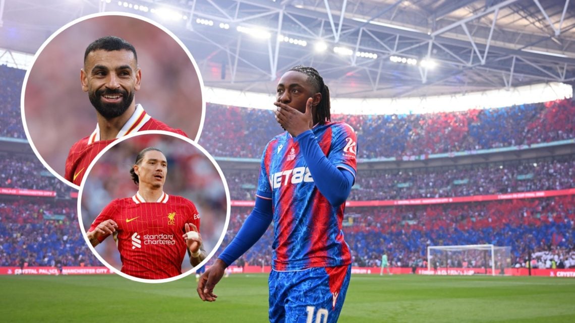 Eberechi Eze before the 2025 FA Cup final, Mohamed Salah and Darwin Nunez inset