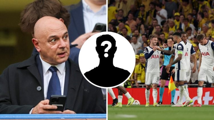 Tottenham Hotspur chairman Daniel Levy (left) on the phone at Stamford Bridge and Tottenham defender Cristian Romero (right) celebrating goal again...