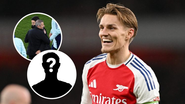 Arsenal captain Martin Odegaard looks happy during Premier League match. Inset of Arsenal manager Mikel Arteta with Andrea Berta and a mystery player