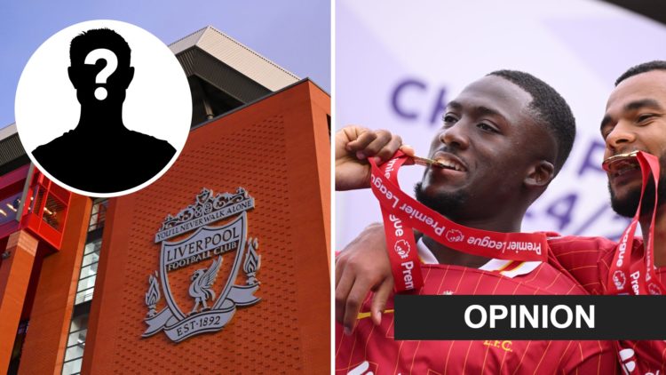 Split image of Anfield and Ibrahima Konate with overlay of mystery player