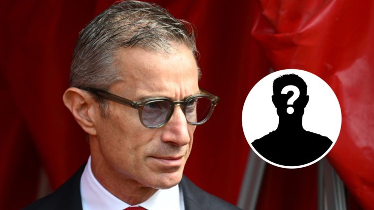 Image of Arsenal sporting director Andrea Berta looking on before a game, with an inset of a mystery player