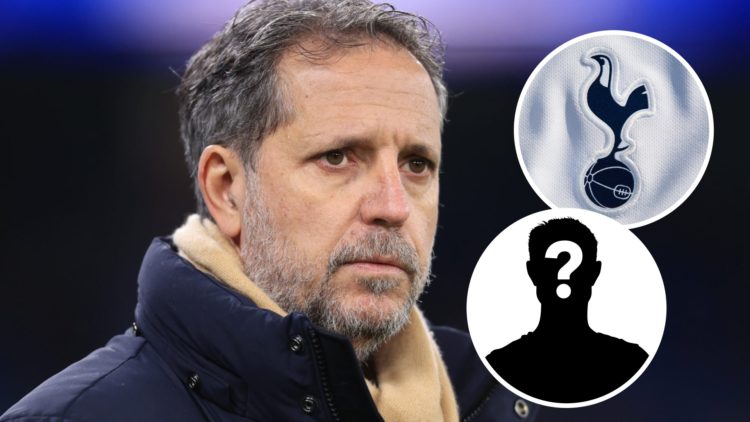 Tottenham Hotspur sporting director Fabio Paratici ahead of Champions League match. Inset of Tottenham badge and a mystery player.