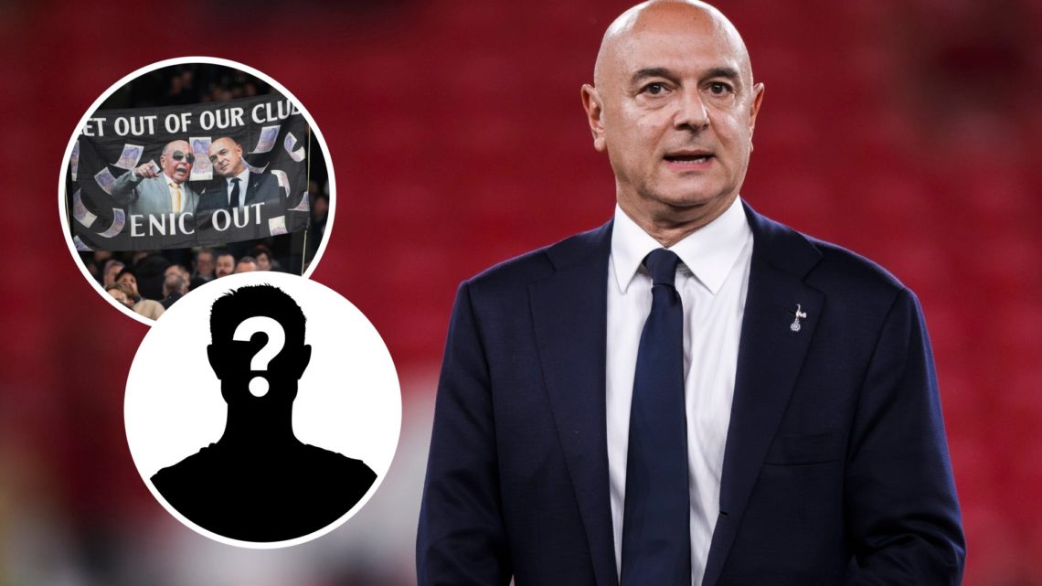 Tottenham Hotspur chairman Daniel Levy after the Europa League final in Bilbao. Inset of Spurs fans calling for ENIC Out and a mystery player.