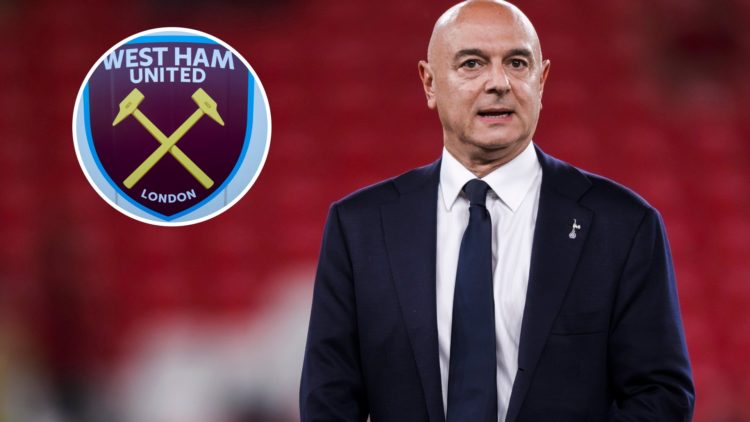 An image of Daniel Levy with an insert of the west Ham badge