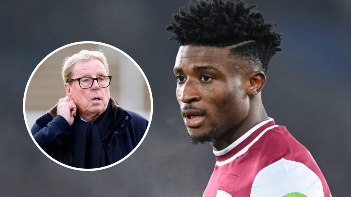 Mohammed Kudus during a match for West Ham. Inset, former Tottenham manager Harry Redknapp.