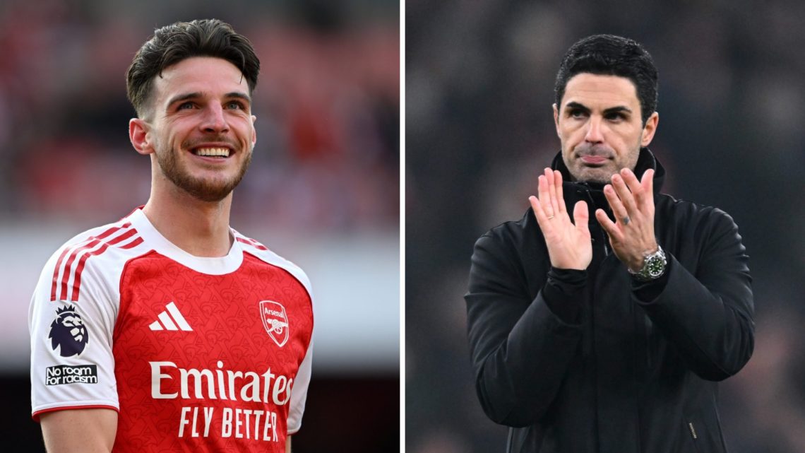 Split image of (L) Declan Rice smiling after an Arsenal game and (R) Mikel Arteta applauding the fans after an Arsenal game