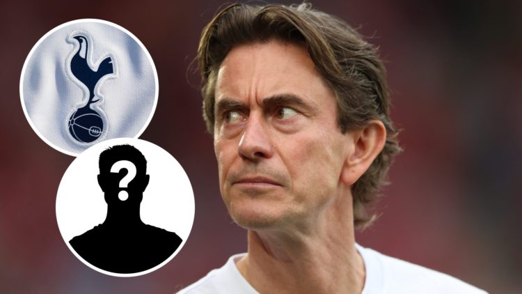 Tottenham Hotspur manager Thomas Frank ahead of Premier League match. Inset of mystery player and Tottenham badge.