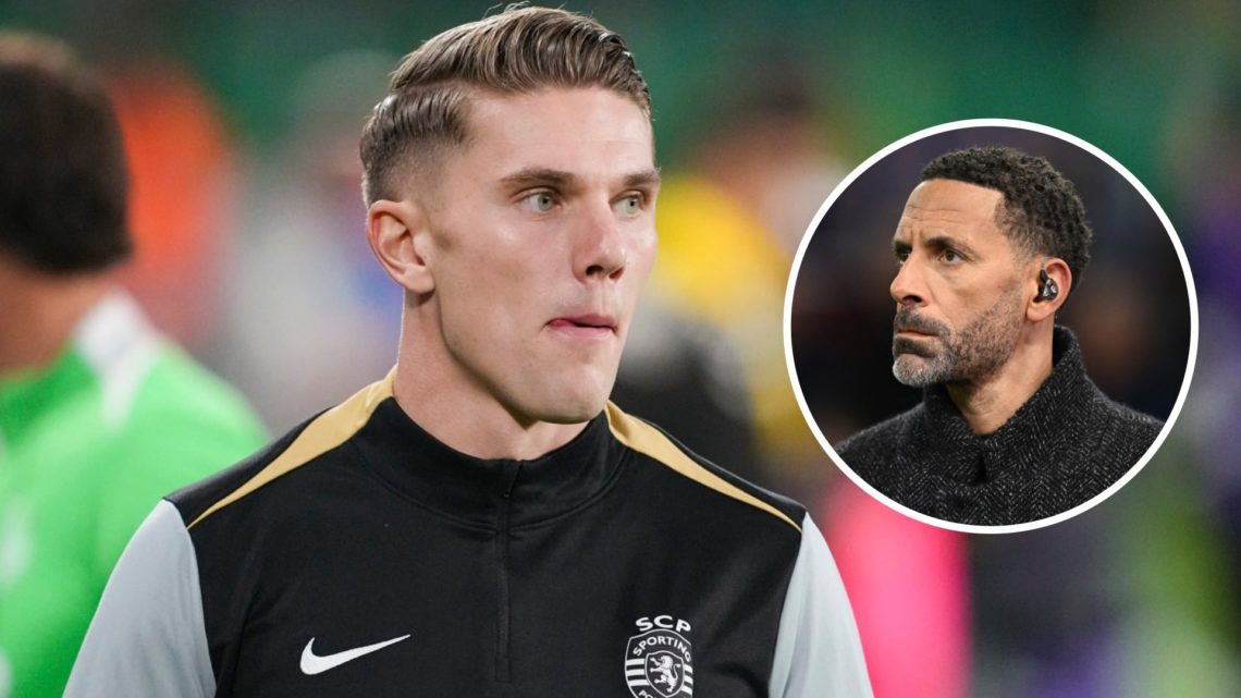 Viktor Gyokeres waiting for a match at Sporting CP. Inset, Rio Ferdinand.