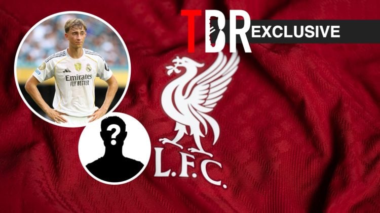 Image of the Liverpool club crest, Dean Huijsen, mystery figure, TBR logo and exclusive tag inset