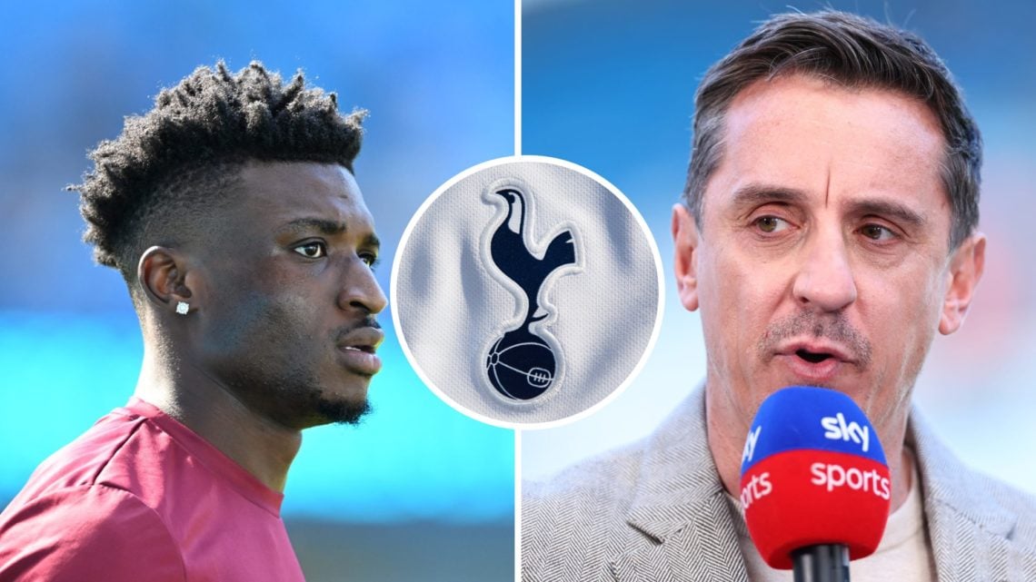 Split image of Tottenham Hotspur transfer target Mohammed Kudus (left) in action for West Ham United and Gary Neville (right) presenting for Sky Sp...