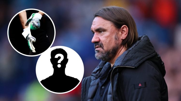 Leeds United manager Daniel Farke with insets of goalkeeper gloves and a mystery silhouette