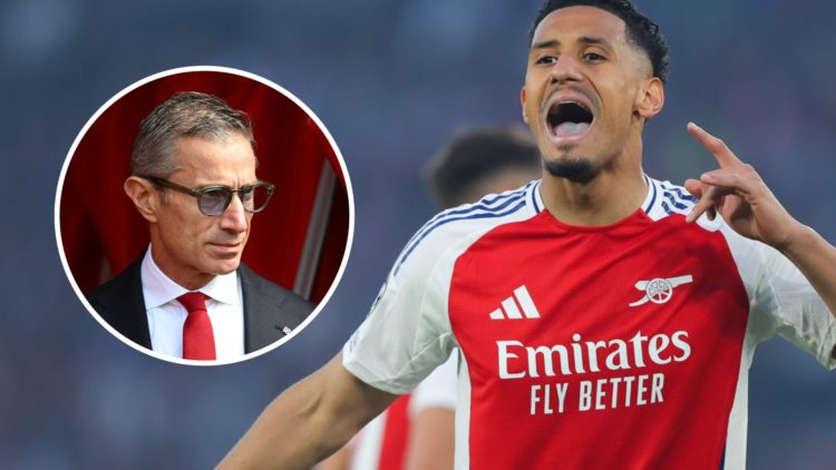 William Saliba during Arsenal's clash with PSG. Inset, sporting director Andrea Berta.