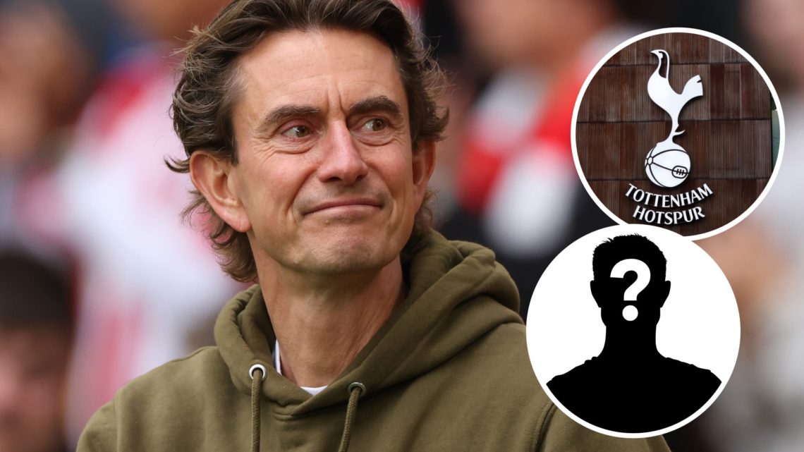 Tottenham Hotspur manager Thomas Frank after a Premier League match for Brentford. Inset of Spurs crest at the Tottenham Hotspur stadium and a myst...