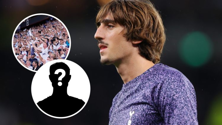 Tottenham Hotspur forward Bryan Gil ahead of Premier League match. Inset of Spurs fans in Bilbao and a mystery player.