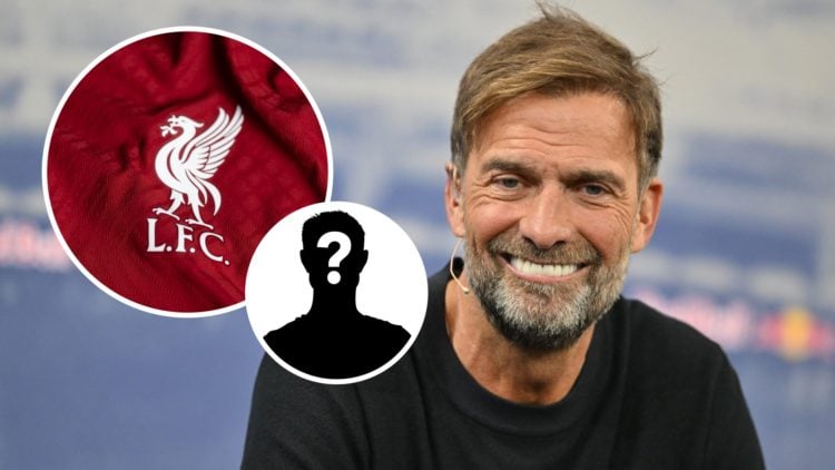 Image of Jurgen Klopp smiling during a Red Bull presentation, Liverpool badge and mystery figure inset