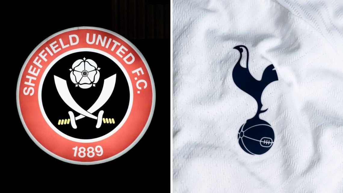 Split image of the Sheffield United badge and the Tottenham Hotspur badge