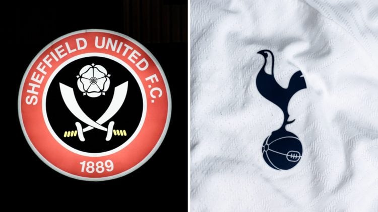 Split image of the Sheffield United badge and the Tottenham Hotspur badge