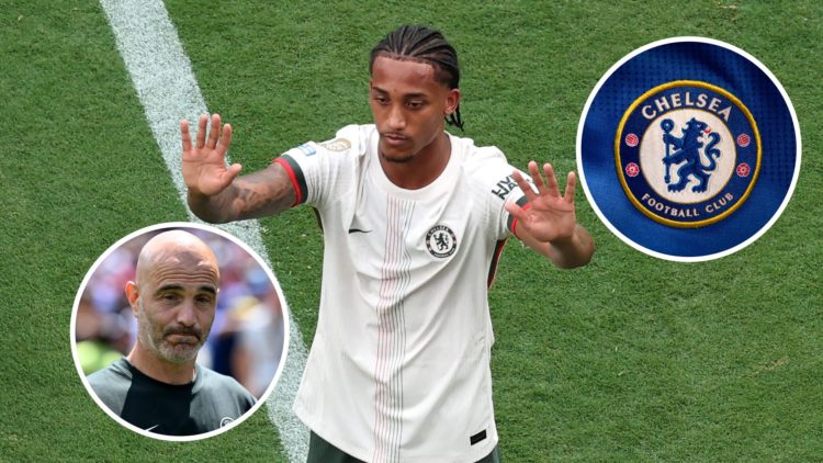 Image of Joao Pedro celebrating his first goal for Chelsea, Enzo Maresca and Chelsea badge inset