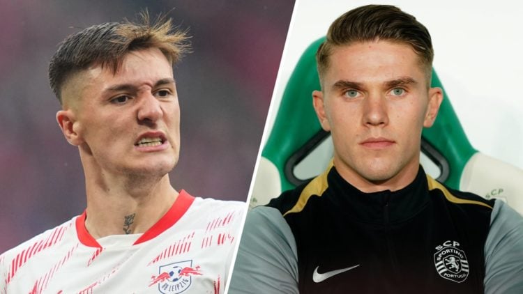Split image of Arsenal targets (L) Benjamin Sesko looking annoyed during an RB Leipzig game and (R) Viktor Gyokeres sitting on the bench during a S...