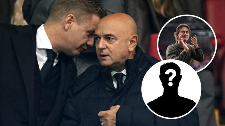 Tottenham Hotspur sporting director Johan Lange and Daniel Levy ahead of Premier League match. Inset of new Spurs boss Thomas Frank and a mystery p...