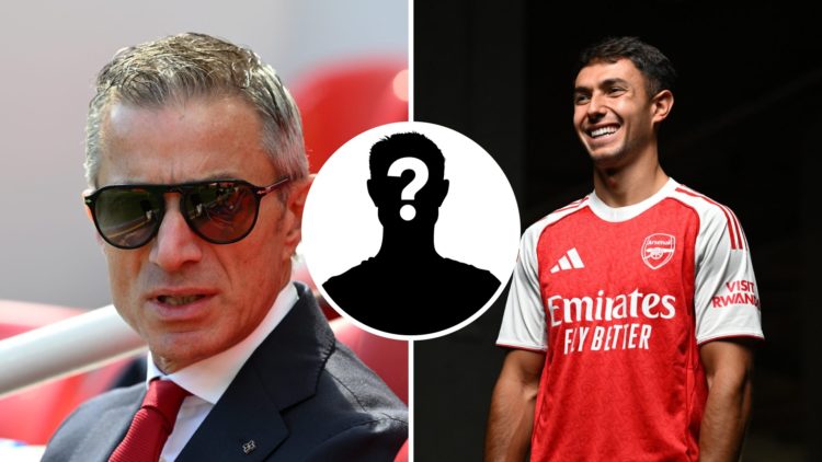 Split image of Arsenal sporting director Andrea Berta (left) ahead of Premier League match and Martin Zubimendi (right) after signing for Arsenal. ...
