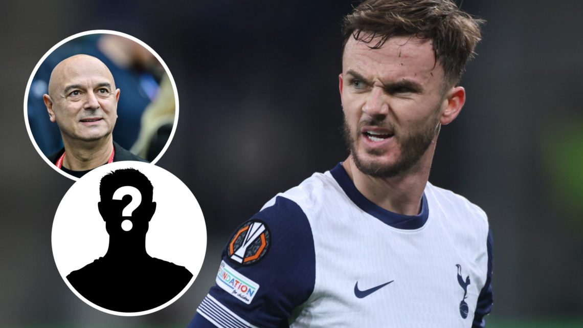 Tottenham Hotspur player James Maddison in action during Europa League match. Inset of Spurs chairman Daniel Levy and a mystery player.