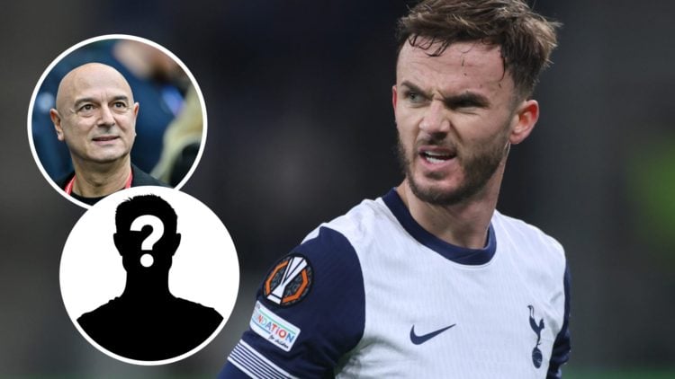Tottenham Hotspur player James Maddison in action during Europa League match. Inset of Spurs chairman Daniel Levy and a mystery player.