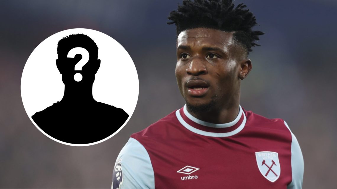Mohammed Kudus looks on during a West Ham match. Inset, question mark.