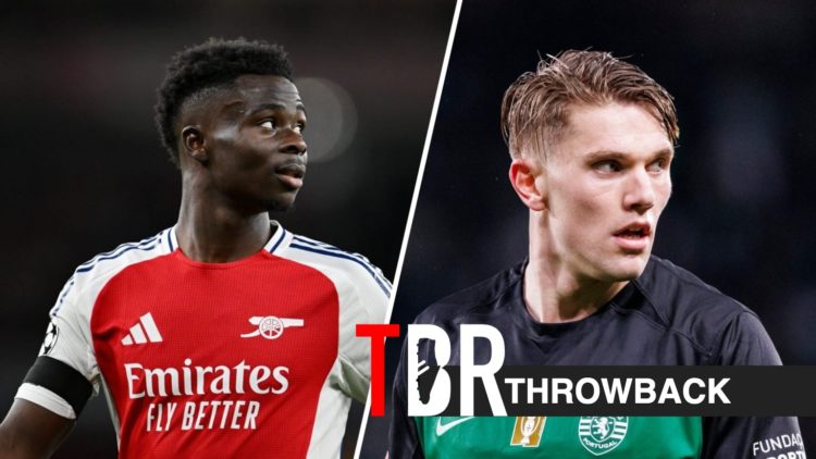 Split image of Bukayo Saka and Viktor Gyokeres with TBR retro tag inset