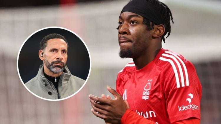 Anthony Elanga applauds Nottingham Forest fans. Inset, Rio Ferdinand.