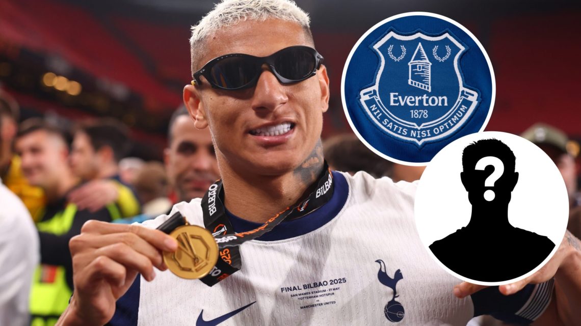 Tottenham Hotspur forward Richarlison with Europa League winners' medal. Inset of Everton badge and a mystery player.