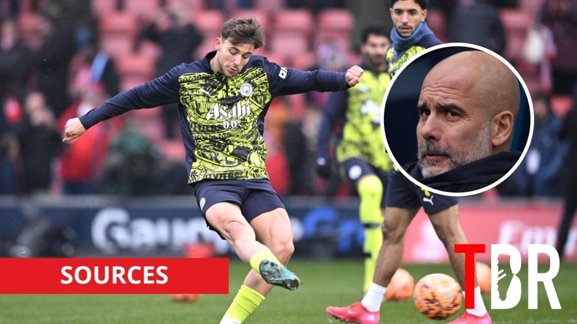 Manchester City midfielder Nico Gonzalez with inset of Pep Guardiola