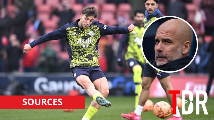 Manchester City midfielder Nico Gonzalez with inset of Pep Guardiola