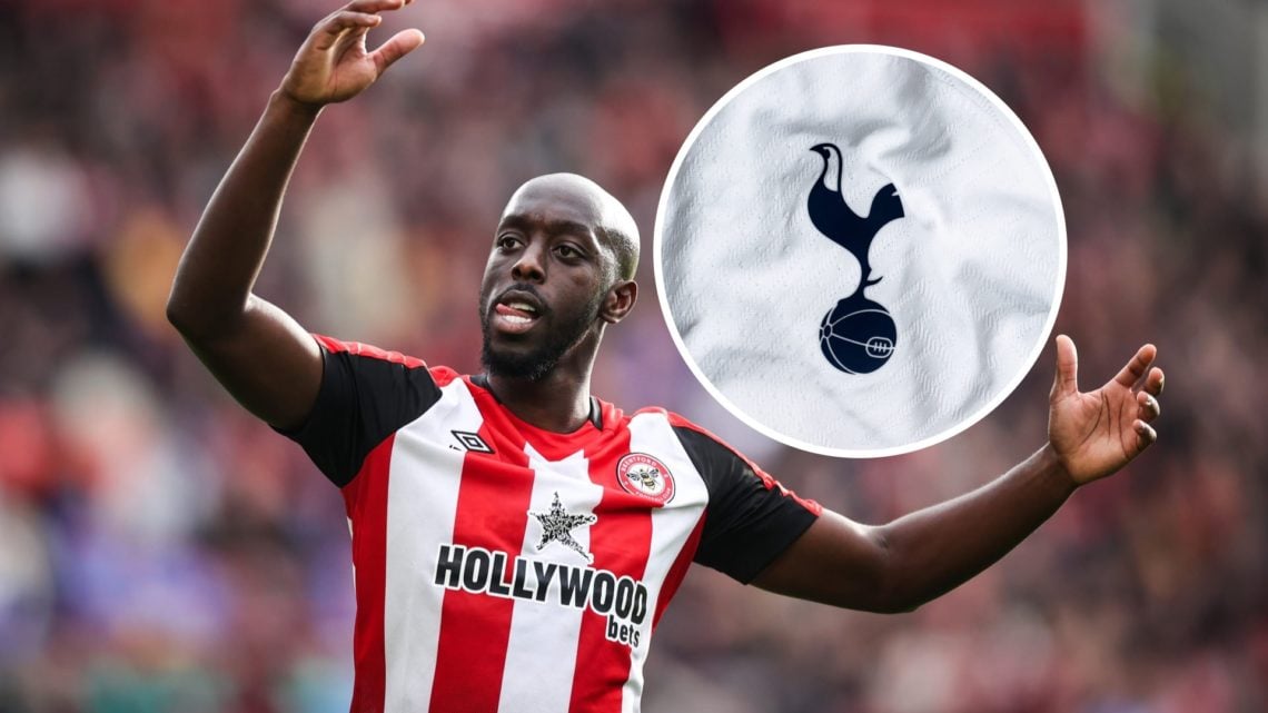 Yoane Wissa celebrates after scoring for Brentford against Ipswich, Tottenham badge inset
