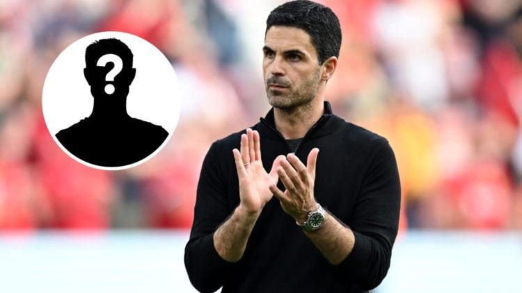 Arsenal manager Mikel Arteta with inset of mystery silhouette