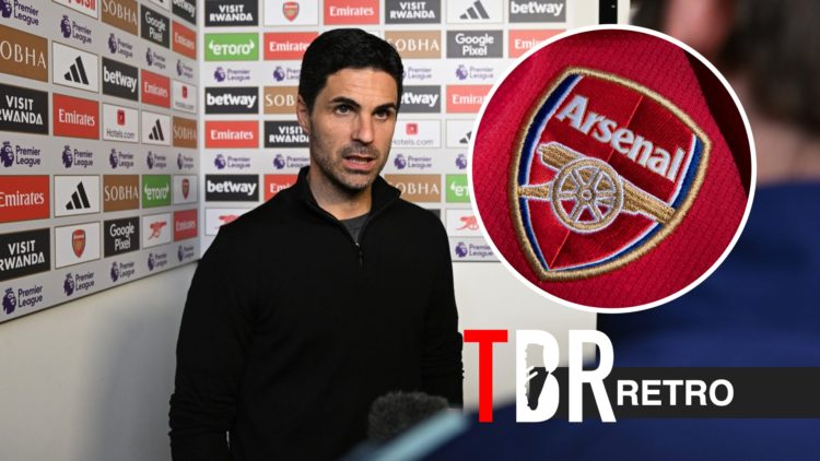 Mikel Arteta during his post match press duties after the Premier League match between Arsenal and Newcastle, Arsenal badge, TBR retro tag inset