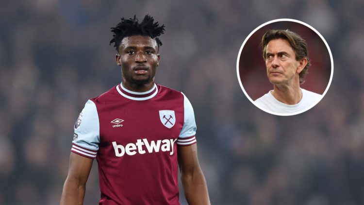 West Ham United midfielder Mohammed Kudus with inset of Tottenham Hotspur manager Thomas Frank