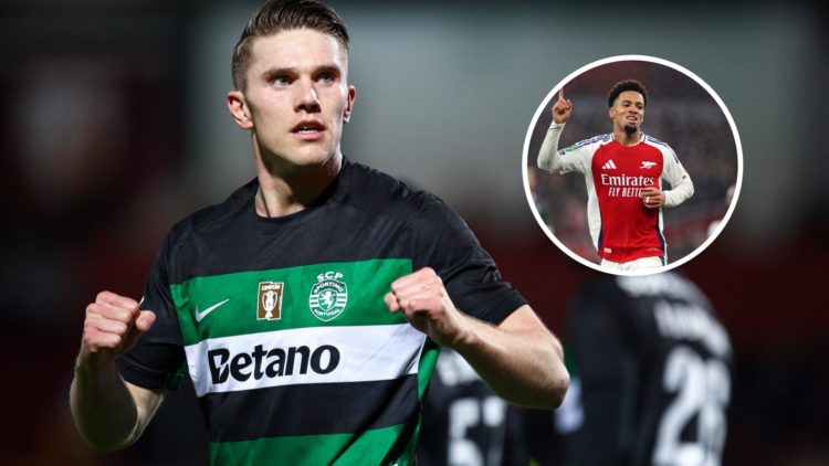 Sporting CP striker Viktor Gyokeres with inset of Arsenal midfielder Ethan Nwaneri