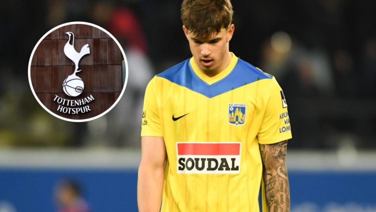 Tottenham Hotspur defender Luka Vuskovic in action on loan at Westerlo. Inset of Spurs badge at Tottenham Hotspur Stadium.