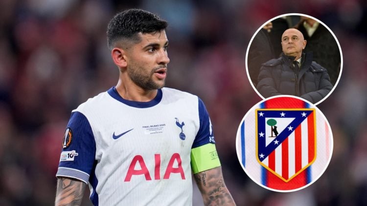 Tottenham Hotspur defender Cristian Romero in action during Europa League match. Inset of Spurs chairman Daniel Levy and an Atletico Madrid badge.